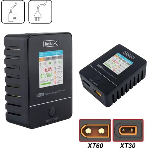 In Stock ToolkitRC M4AC 30w LiPO LiFE LiHV Compact AC Smart RC Batteries Charger With XT60 XT30 Interface 32 Bit ARM IPS Bright