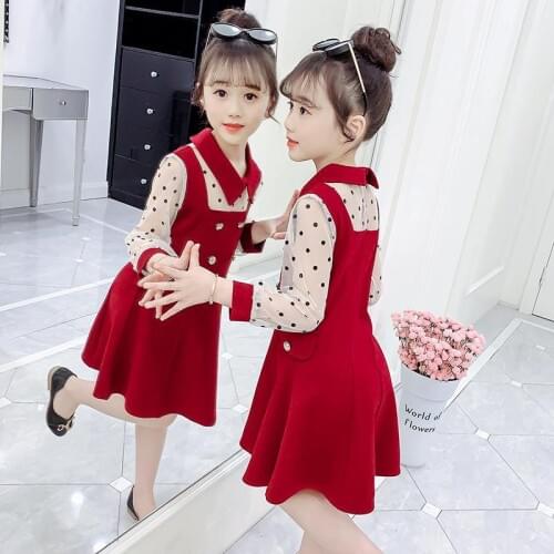 Spring Girls Dress Dot Printed Children Girls Dress Patch Chffion Teenage Kids Girls Clothes 6 8 10 12 14 Year