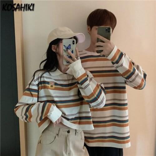 KOSAHIKI Vintage Striped Long Sleeve T-shirt Women Men Unisex Couple Clohthes 2021 Spring Summer Loose Tops Tee Shirts