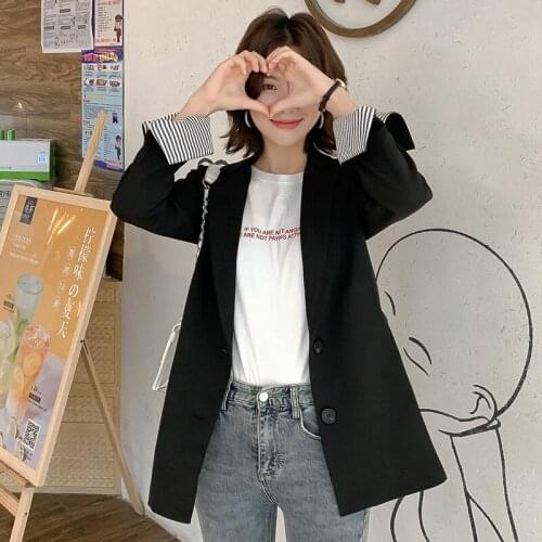 2xl Cuffs Stripe Korean Coat Jacket Women Elegant Blazer Plus Size Ladies Blazer Largo Mujer Blue Office Lady Blazer Set Femme