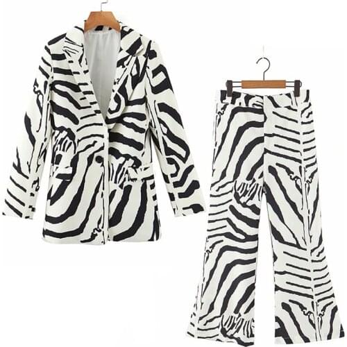 Aonibeier Zebra Print 2 Piece Sets Slim Long Blazers and Ankle Length Flare Pants 2021 Autumn Casual Women Suits Female Outfits