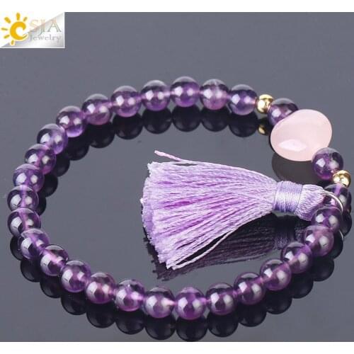 CSJA Chakra Bracelet 6mm Natural Stone Beads Tassel Charm Bangle Love Heart Bohemian Handmade Jewelry for Women Lover Gift F339