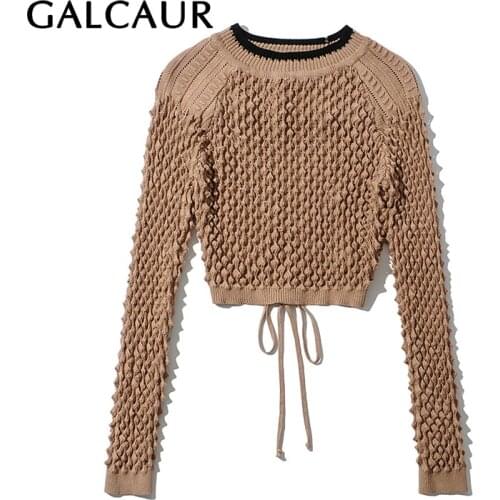 GALCAUR Backless Lace Up Bowknot Womens Sweater O Neck Long Sleeve High Waist Slimming Cropped For Female Sexy Sweaters New