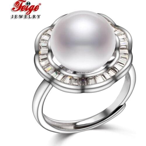 FEIGE 11-12mm White Natural Pearl Wedding Ring Genuine 925 Sterling Silver Ring for Women Bride Jewelry Anniversary Pearl Ring