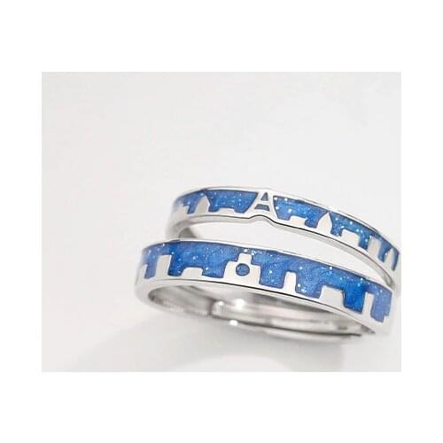 Starry Night Sky City In Loving Memory Gifts 925 Sterling Silver Couples Adjustable Rings Women Man Blue Enamel Open Paired Ring