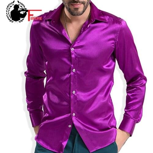 2021 Fashion Shiny Satin British Style Dress Shirt Luxury Silk Like Long Sleeve Mens Casual Shirt Performance Clothing Wear Male
