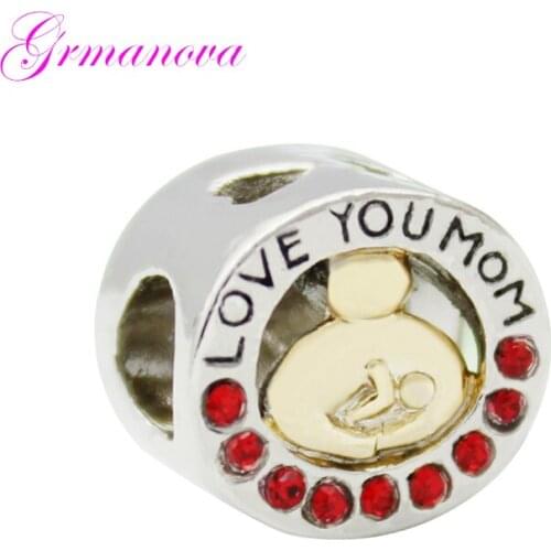 Red rhinestone mom love baby charm beads DIY handmade jewelry amulet Fit Pandora Bracelet Necklace