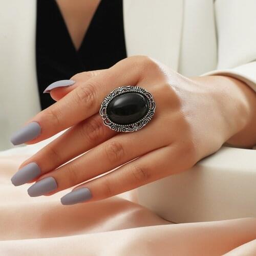 Bohemian Vintage Tibetan Silver Black Stone Rings For Women Fashion Big Female Male Ring Indian Tribal Jewelry Birthday Gift