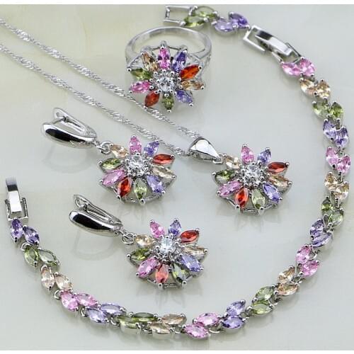 Flower Multicolor Stones Cubic Zirconia 925 Sterling Silver Jewelry Sets For Women Earrings/Pendant/Necklace/Ring/Bracelet