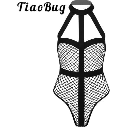 Women Lingerie Hot Sexy Fishnet Bodysuit Halter Neck See-through Hollow Out Leotard Strappy Backless Jumpsuit Pole DanceClubwear