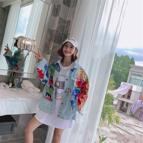 Denim jacket womens mid-length 2021 spring and autumn new cartoon graffiti fashion print loose jacket trendy top