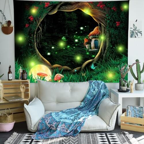 Simsant Psychedelic Forest Tapestry Firefly World Map Art Wall Hanging Tapestries for Living Room Bedroom Home Dorm Decor