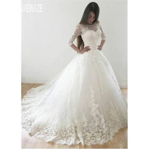 JIERUIZE Ball Gown Wedding Dresses Half Sleeves Sheer Scoop Neck Button Back With Pearls Applique Wedding Gowns vestido de noiva