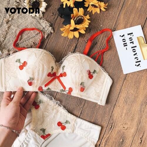 Women Sexy Lace Embroidery Fruits Lingerie Set Push Up Wire Free Bra Panties Seamless Soft Underwear Female Bralette Intimates