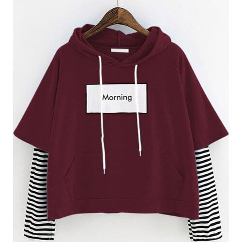 Korean Fashion Women Hoodies Sweatshirt Drawstring Hooded Striped Long Sleeve Crop Patchwork Pullover Tops Hip Hop Streetwear
