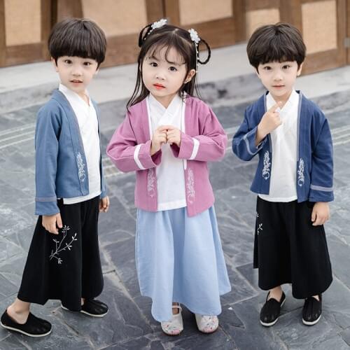 Boys Ancient Chinese Costume Child Hanfu New Chinese Uniform Kung Fu Suit Han Tang Suit 3pcs Gilrs Festival Outfit SL1061