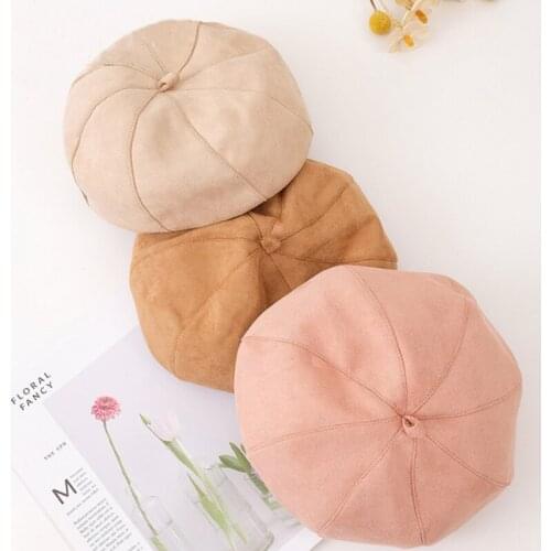 Hot selling winter all-match leather velvet dome beret women retro warm girl octagonal painter hat solid color pumpkin hat