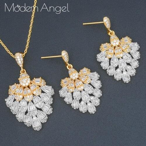 ModemAngel Luxury BWATER DROP Copper 2PCS NECKLACE EARRING Sets For Women Accessories Full Cubic Zirconia Earrings Jewelry