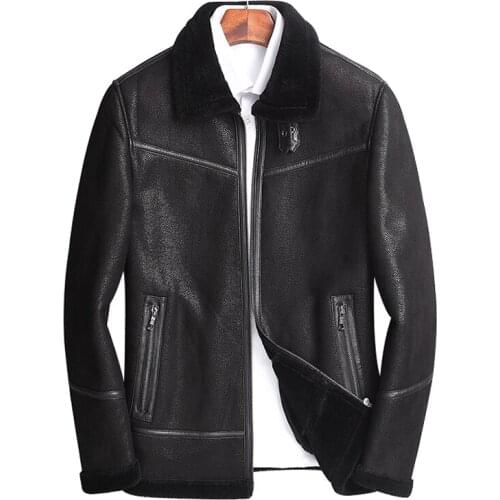 2021 Winter 100% Real Sheep Skin Fur Leather Jacket Men Coat Lapel Zipper Casual Plus Velvet Warm Windproof Black Outwear