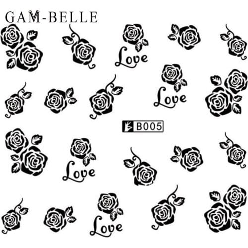 GAM-BELLE 1 Sheet Rose Nail Sticker Flower Series Nail Art Decorations Black White Water Transfer Decals Tattoo Manicure Tools