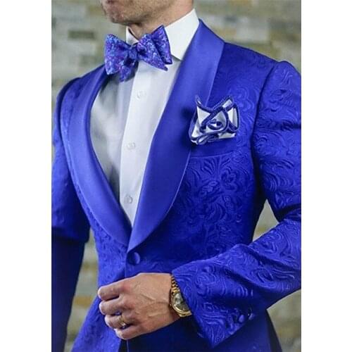 New Fashion Royal Blue Groomsmen Groom Tuxedos Shawl Satin Lapel Men Suits 2 Pieces Wedding Best Man ( Jacket+Pants+Tie )