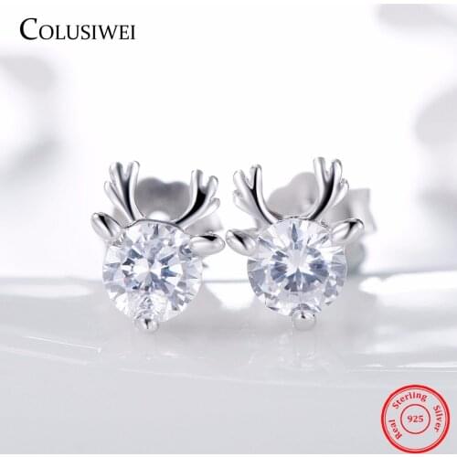New Classic Deer Stud Earrings Animal Clear CZ Jewelry For Women Authentic 925 Sterling Silver Fashion Reindeer Earring Gift