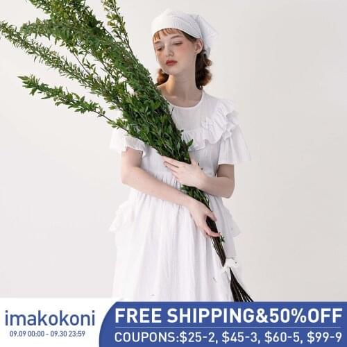 Imakokoni original design white cotton edge bow short-sleeved dress mid-length sweet beauty summer