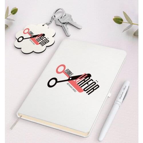 Personalized Women 'S Detailing White Notebook Pen And Keychain Gift Seti-1