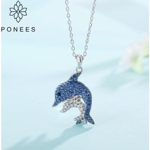 PONEES Cute Rhodium Plated Double Dolphin Necklace Full Of Rhinestone Fashion Jewelry For Women Gift