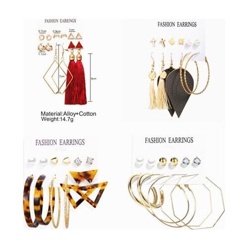 6 Pair Long Tassel Bohemian Earring Round Hoop Big Circle Triangle Pearl Fashion Cotton Fabric Geometric Metal for Women Jewelry