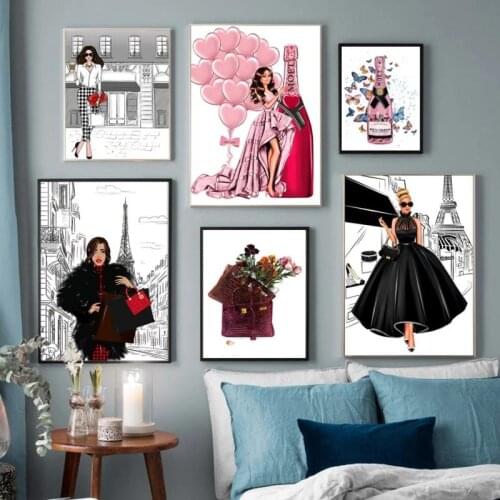 Modern Nordic Poster And Print Fashion Woman Paris Street Champagne Canvas Art Painting Beauty Salon Girl Room Decor Home Decor