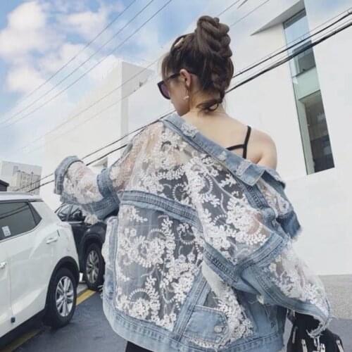 2021 Spring Summer Women Embroidery Lace Patchwork Denim Jacket Sexy Short Frayed Loose Jeans Coat Sun Protection Clothing