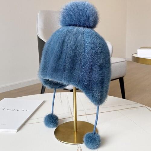 Winter Women Hats Whole Skin Mink Fur Elegant Fashion Warm Ear Cap Whole Skin Real Fur Hat Female