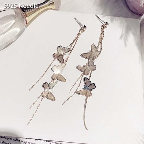 925 Sterling Silver Needle Dangle Drop Earrings for Women Jewelry Butterfly Female Tassel Earrings Bijoux