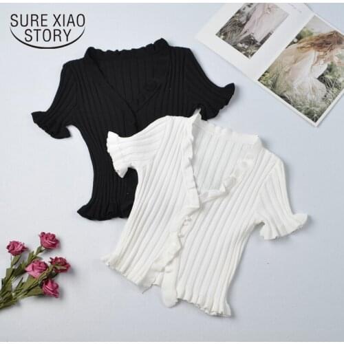 Retro Fuguns Knitted Women T-Shirts Summer 2020 New V-Neck Short Sleeve Tees Korean Single Breasted Ladies Tops Cardigan 10265