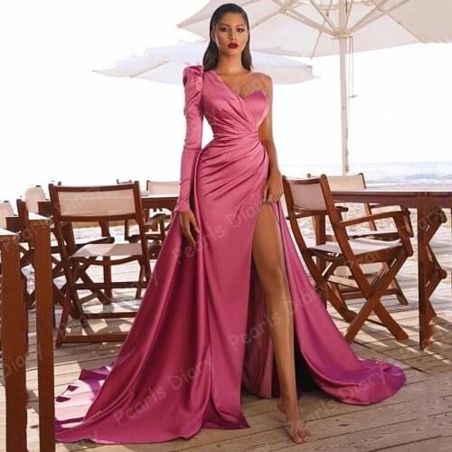 Dubai Evening Dresses Satin Mermaid Long One Shoulder Formal Party Gowns For Women Arabic Prom Dress Robe de Soiree 2021 Plus