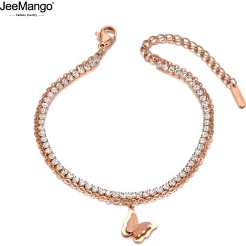 JeeMango Double Layer CZ Crystal Butterfly Charm Animal Bracelet For Women Stainless Steel Bohemia Link & Chain Bracelet JB20006