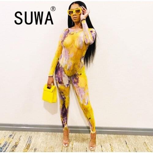 2 Piece Sets Women Clothes Tie Dye Long Sleeve Bodycon Bodysuits And High Waist Pencil Pants Sexy Club Outfits Wholesale