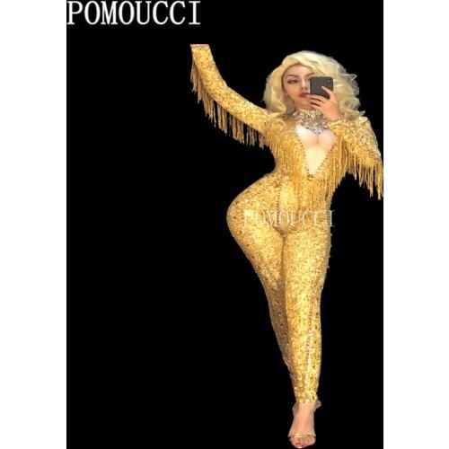 Women Gold Tassel 3D Printed Sexy Jumpsuit Sparkling Crystals Nightclub Party Stage Wear Dancer Singer Bling Costumes Jumpsuit