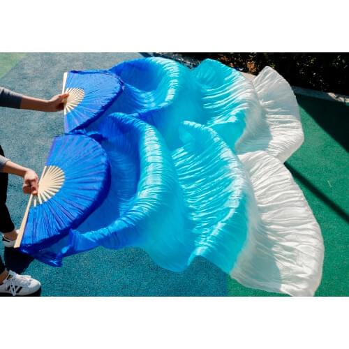 2018 female high quality Chinese silk veils dance fans Pair of belly dancing fans cheap hot sale royal blue + turquoise+White