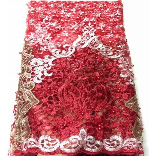 African lace fabric bean paste 2019 high quality flower applique heavy gold/red beaded bridal lace fabric Nigeria handmade lac