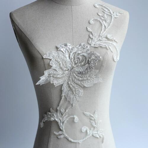 Ivory Alencon Lace Applique Beaded Sequined Patch For Wedding Supplies Bridal Hair Flower Headpiece