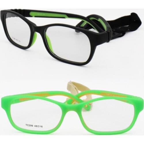 High end quality 299 flexible hingeless rectangle environmental TR90 bicolor prescription glasses with elastic strap for kids