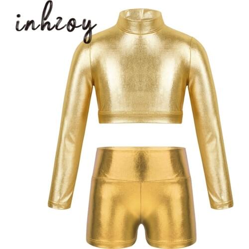 Kids Long Sleeves Glossy Metallic Crop Top and Gymnastics Shorts Set Child Dancewear Stage Performance Girls Ballet Jazz Costume