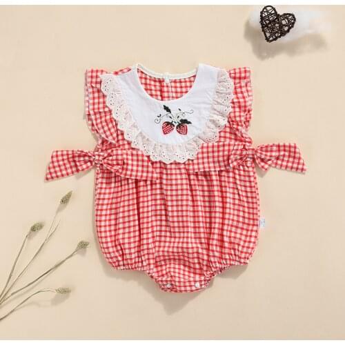 Baby Romper, Kids Plaid Bowknot Round Neck Fly Sleeve Jumpsuit Playsuits for Summer Newborn Baby Girl Clothes 0-24M