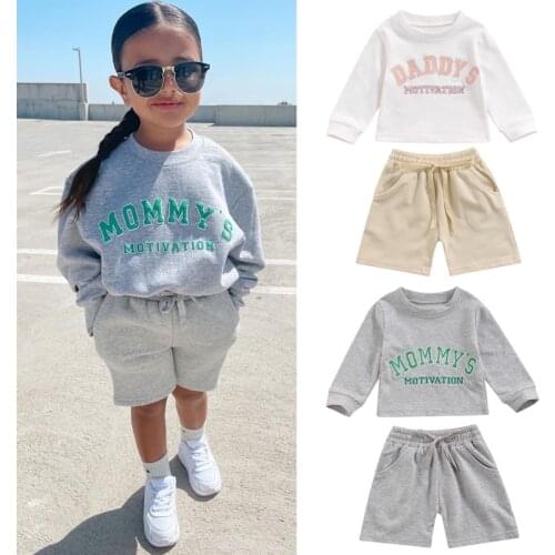 1-6Y Children Girls Sport Clothing Sets Solid Letter Print Pullover Long Sleeve T-shirts Tops+Elastic Shorts Casual Tracksuits