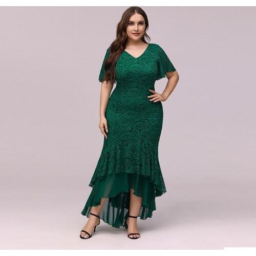 Evening Dress Green V-Neck Floral Print Pleat Mermaid Elegant Empire Short Sleeves Tea-Length Plus Size Women Formal Gowns D1004