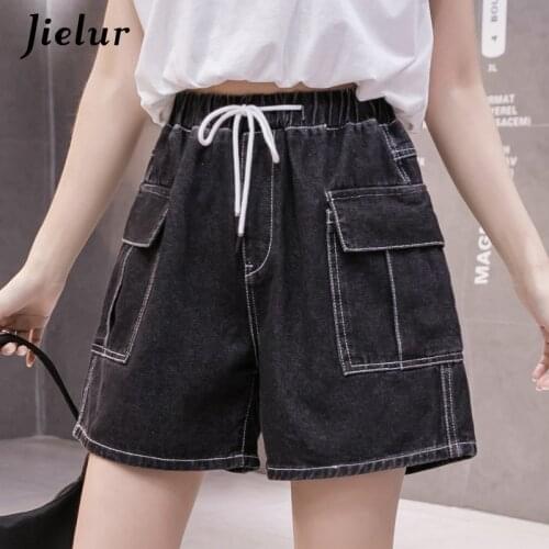 Jielur Black Denim Shorts Women High-waisted Drawstring Pockets Wide Leg Shorts 2021 Summer Streetwear Cool Short Jeans Oversize