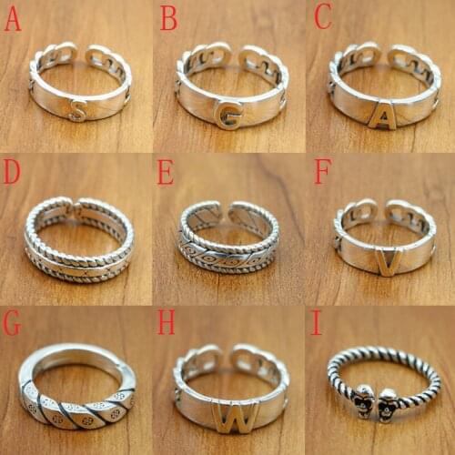 S925 Sterling Silver Alphabet Ring Fashion Simple Personality Twist Open Ended Retro Thai Silver Ring Male And Female