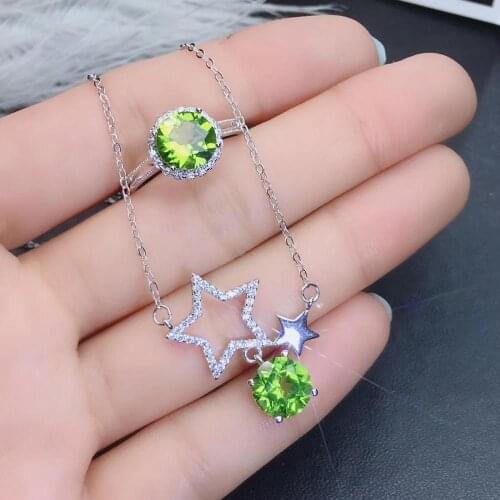 Fashion cute Stars Natural green peridot gem Ring Pendant Natural olivine Jewelry Set 925 Silver girl party gift fine jewelry